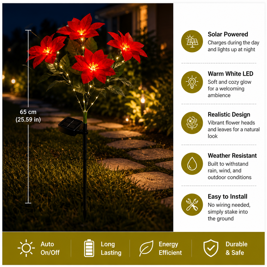 Solar Poinsettia Garden Lights with Red Flower Heads