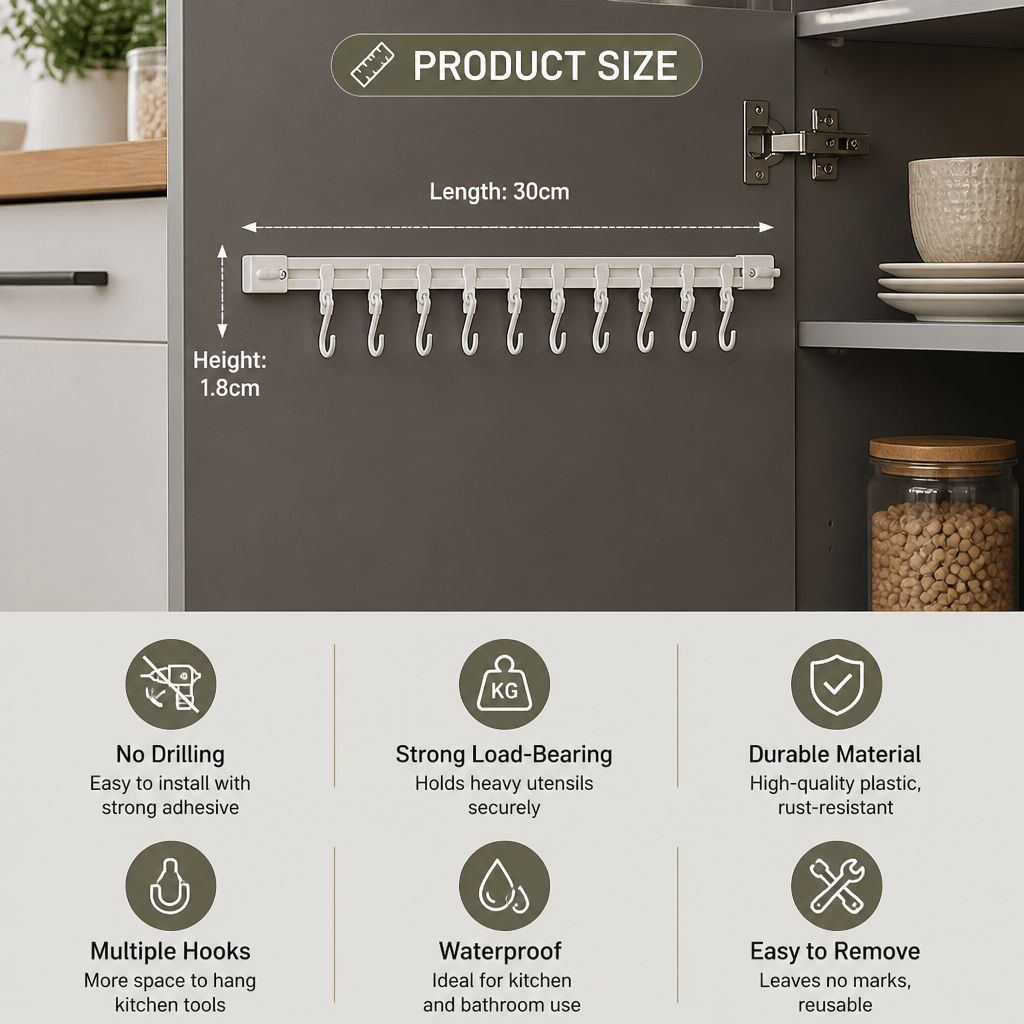 Self-Adhesive Hook Rail for Kitchen and Bathroom – Strong hold and no drilling required (2 pieces)