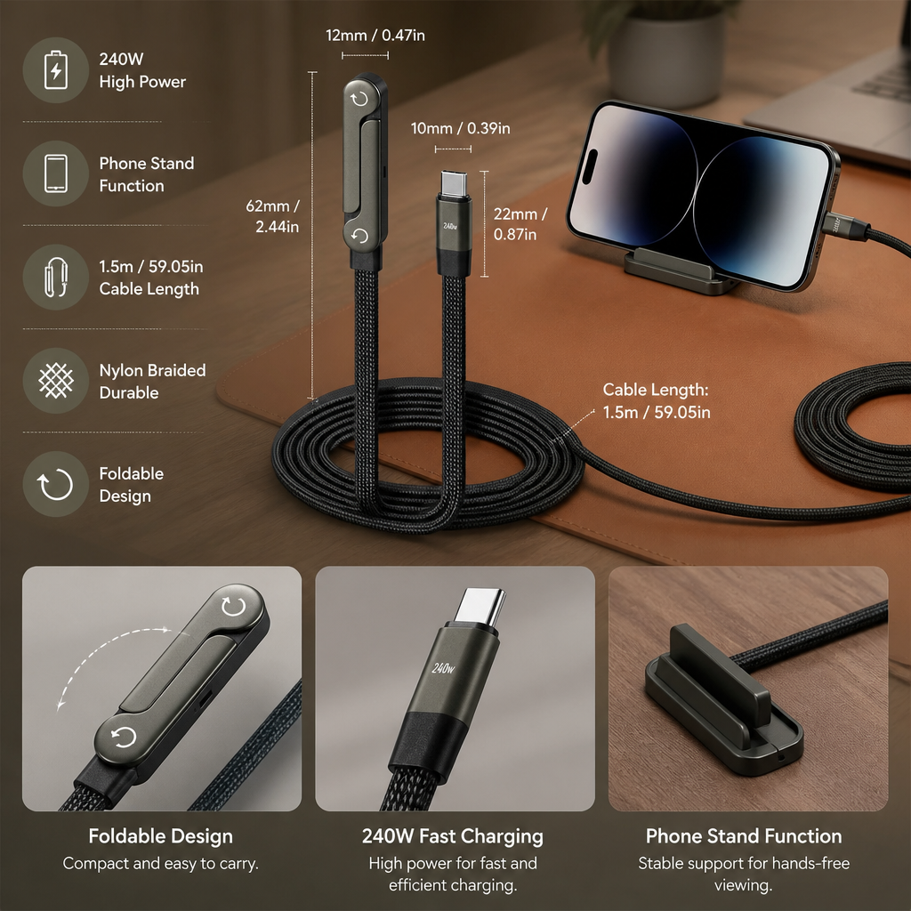 2-in-1 Foldable Fast Charging Cable & Phone Stand