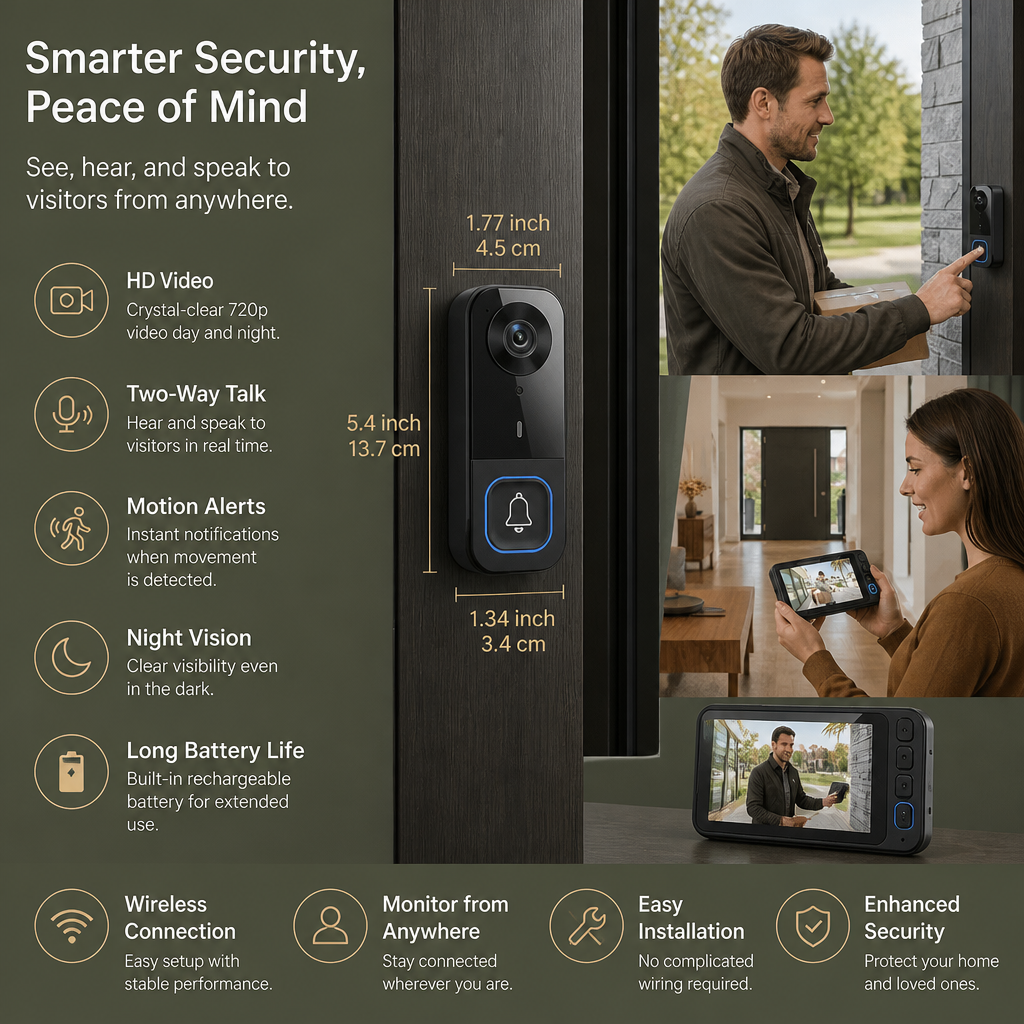 Wireless Smart Video Doorbell Camera – HD Security with Two-Way Talk & Motion Alerts