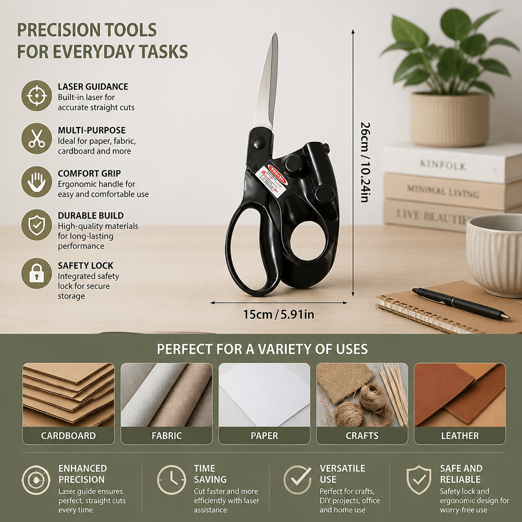 Infrared scissors, multi-purpose laser-guided scissors, garment cutting scissors, fabric cutting scissors, thread trimmers.