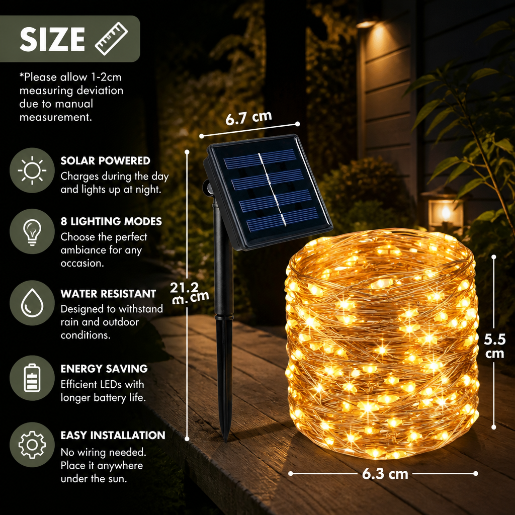 Solar Outdoor String Lights with LEDs & 8 Lighting Modes