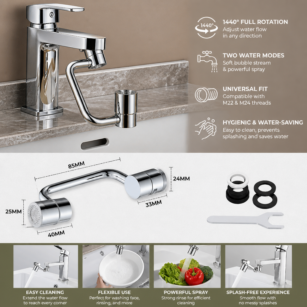 360° swivel tap extender with spray head – kitchen & bathroom use