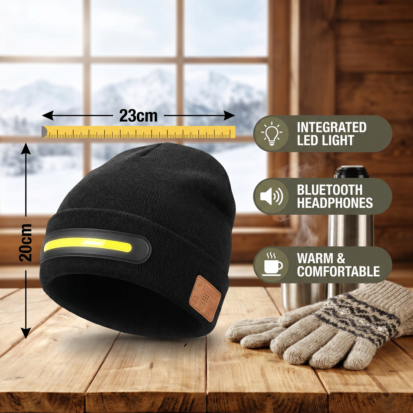 Warm Hat with Integrated Bluetooth Headphones and LED Light Strip