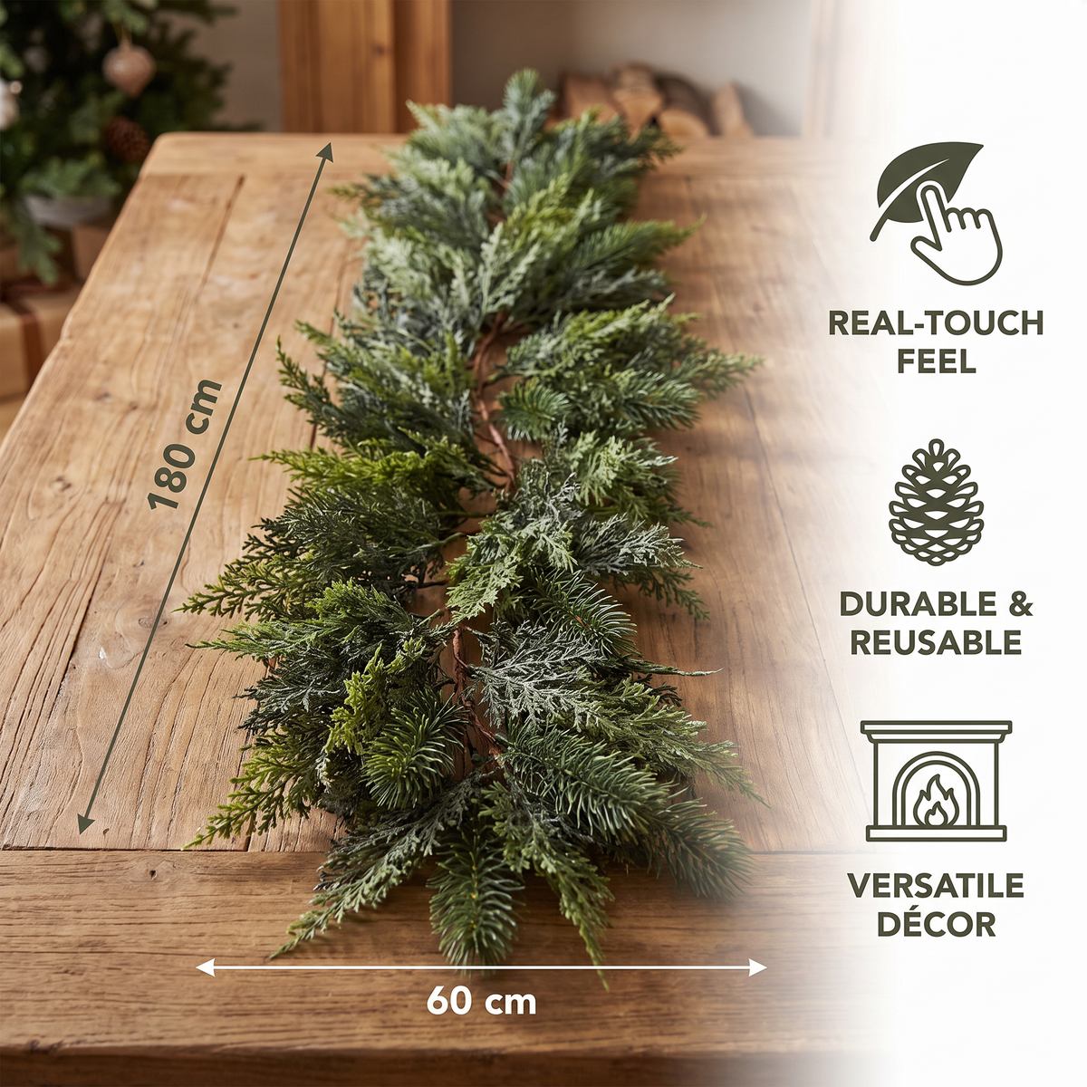Real-Touch Artificial Cedar & Pine Garland with Pine Cones – Christmas Greenery Décor