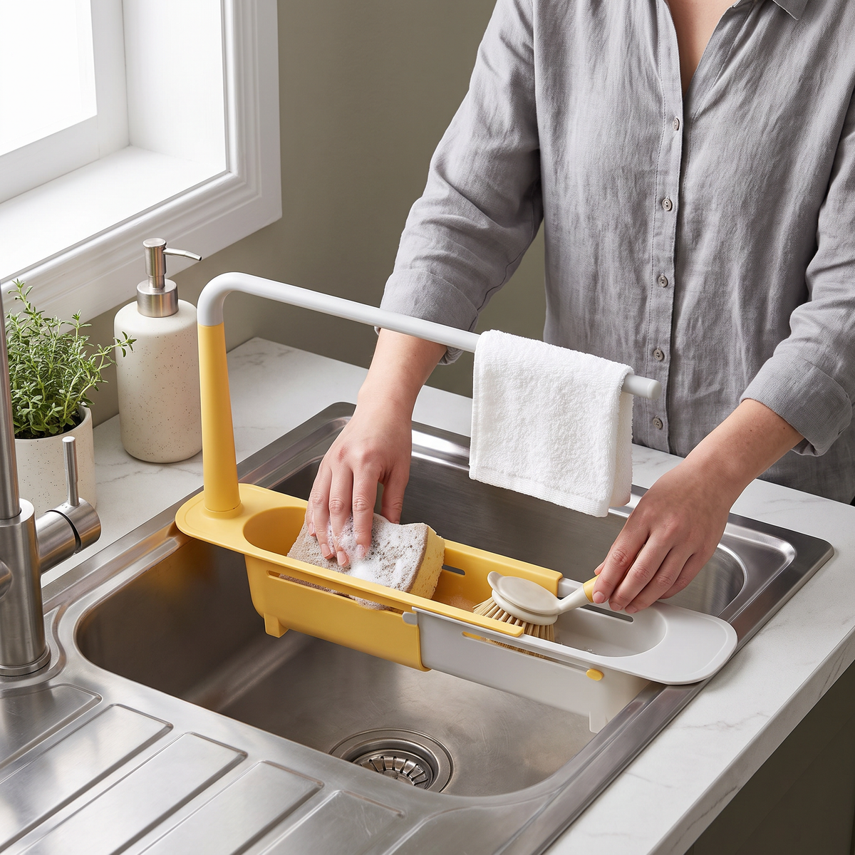 Adjustable Telescopic Sink Organizer with Drainage Basket & Towel Bar