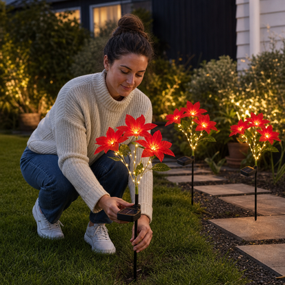 Solar Poinsettia Garden Lights with Red Flower Heads