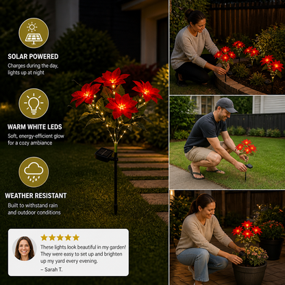 Solar Poinsettia Garden Lights with Red Flower Heads