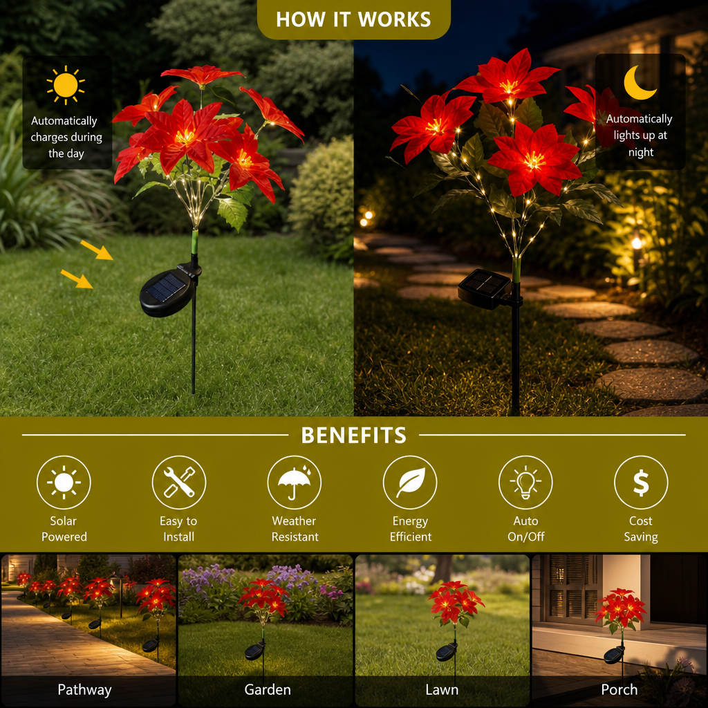 Solar Poinsettia Garden Lights with Red Flower Heads