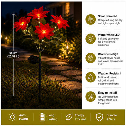 Solar Poinsettia Garden Lights with Red Flower Heads