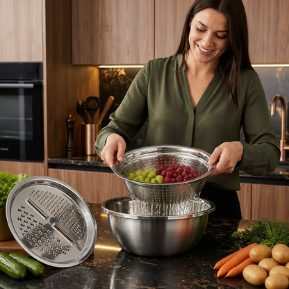 Vegetable Cutter with Grater – Multifunctional Colander and Mixing Bowl Set