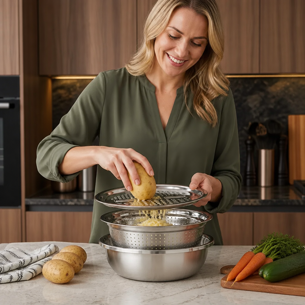 Vegetable Cutter with Grater – Multifunctional Colander and Mixing Bowl Set
