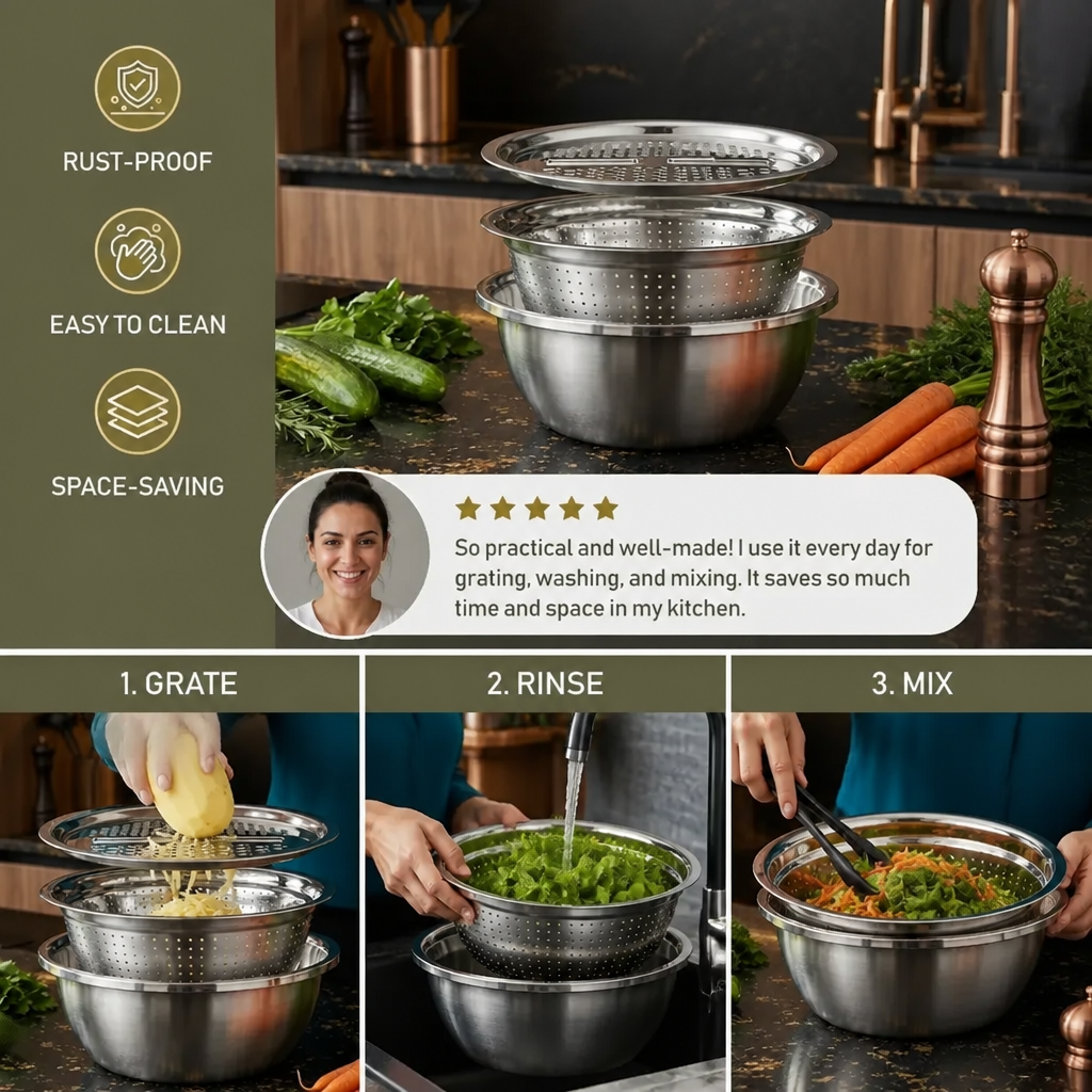 Vegetable Cutter with Grater – Multifunctional Colander and Mixing Bowl Set