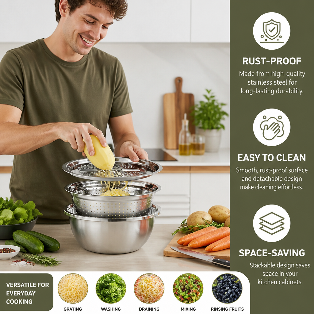 Vegetable Cutter with Grater – Multifunctional Colander and Mixing Bowl Set