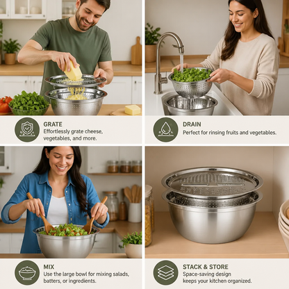 Vegetable Cutter with Grater – Multifunctional Colander and Mixing Bowl Set