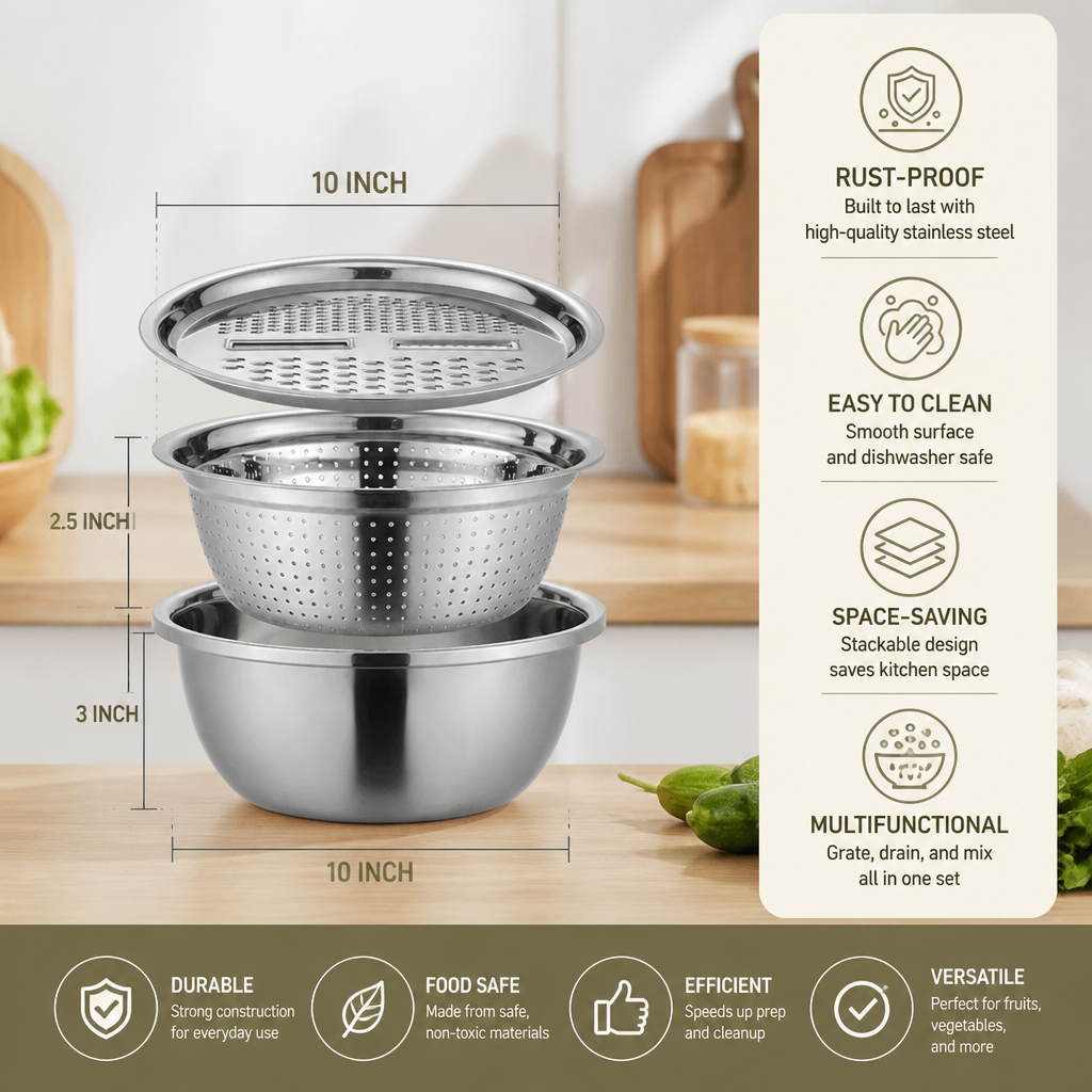 Vegetable Cutter with Grater – Multifunctional Colander and Mixing Bowl Set