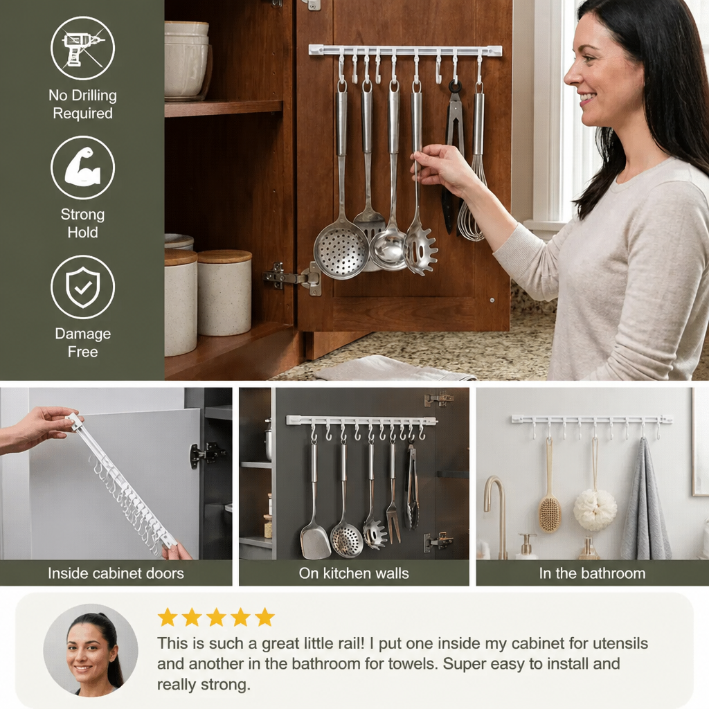 Self-Adhesive Hook Rail for Kitchen and Bathroom – Strong hold and no drilling required (2 pieces)
