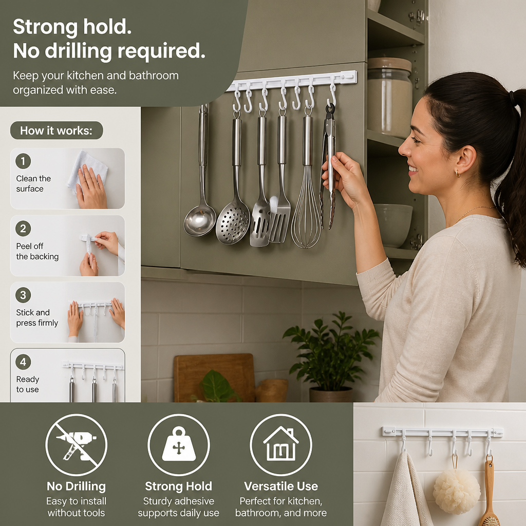 Self-Adhesive Hook Rail for Kitchen and Bathroom – Strong hold and no drilling required (2 pieces)