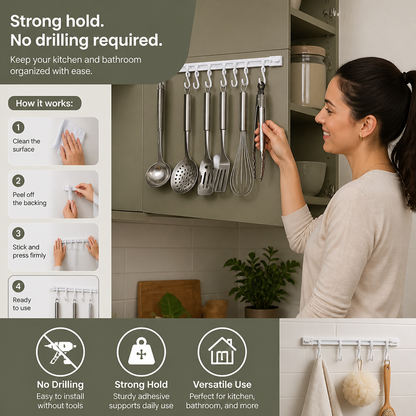Self-Adhesive Hook Rail for Kitchen and Bathroom – Strong hold and no drilling required (2 pieces)