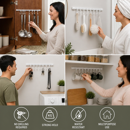 Self-Adhesive Hook Rail for Kitchen and Bathroom – Strong hold and no drilling required (2 pieces)