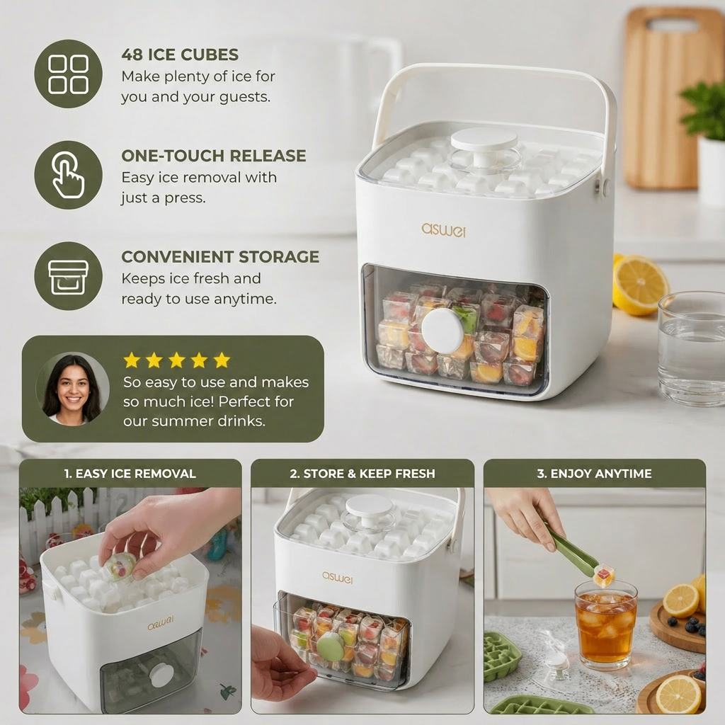 2-in-1 Ice Cube Maker with Storage Box – 48 Ice Cubes, Dual Design