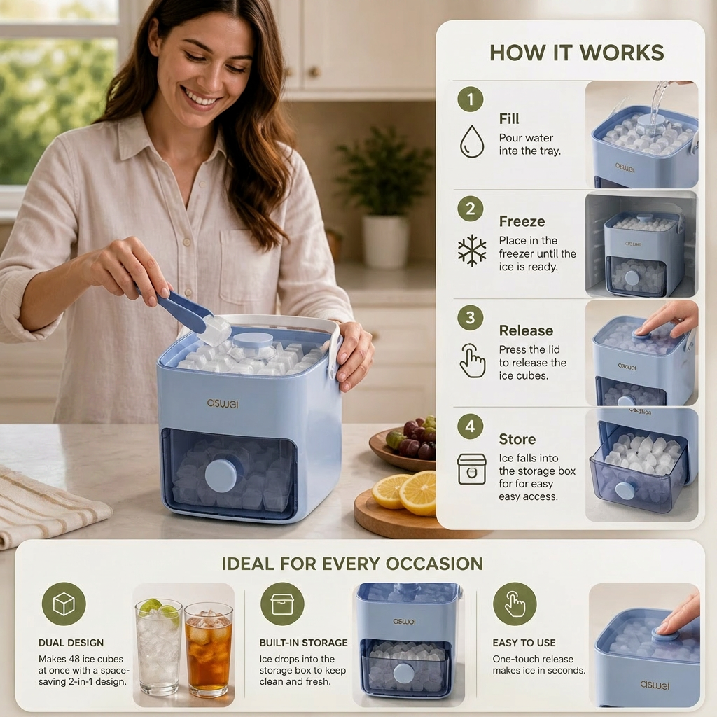 2-in-1 Ice Cube Maker with Storage Box – 48 Ice Cubes, Dual Design
