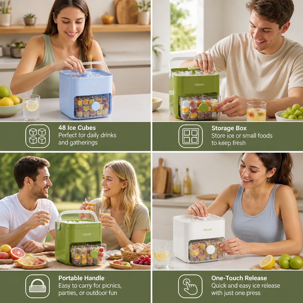 2-in-1 Ice Cube Maker with Storage Box – 48 Ice Cubes, Dual Design