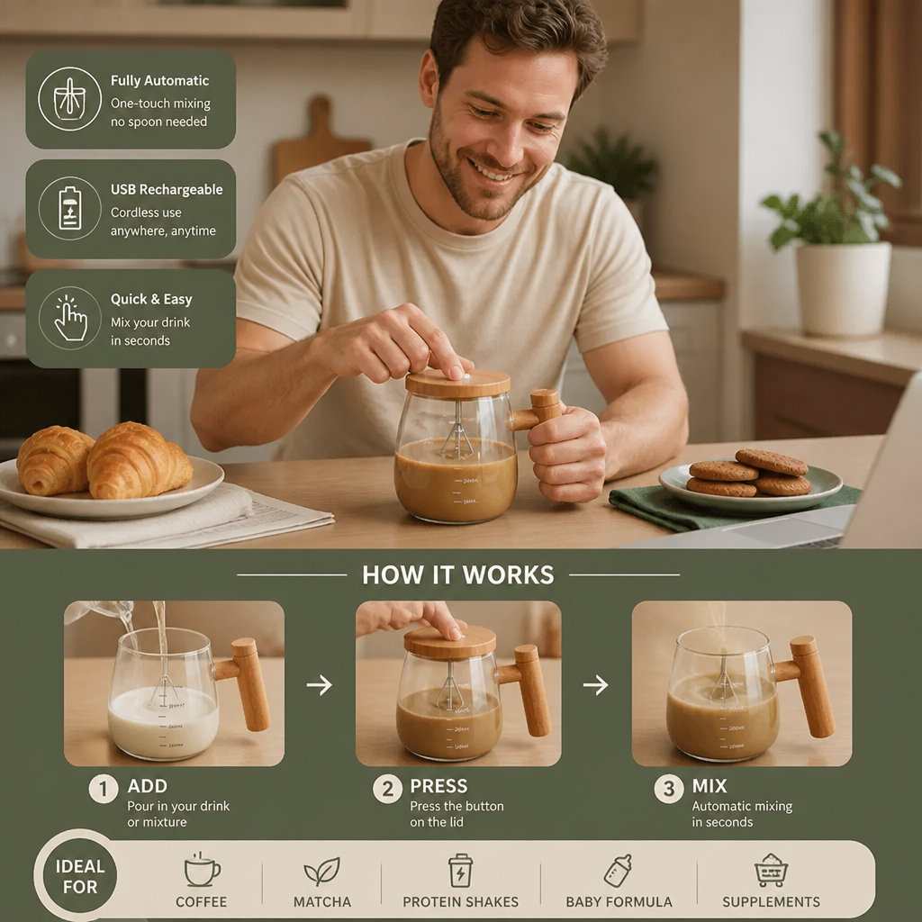 Fully Automatic Electric Mixing Cup – Practical Cup for Effortless and Even Stirring of Drinks & Mixtures