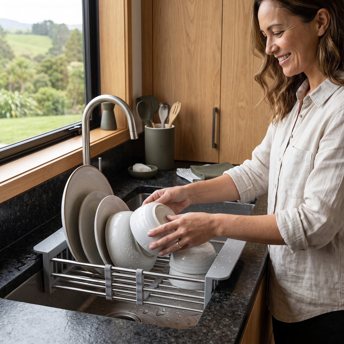 Adjustable Over-the-Sink Dish Drying Rack & Produce Drainer