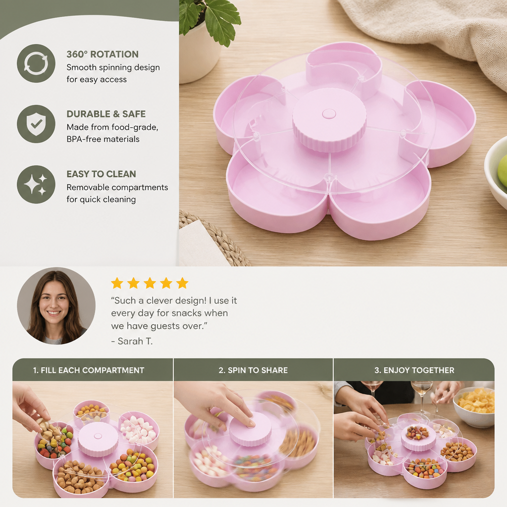 Rotating Snack Tray with Compartments – Spinning Serving Plate for Snacks & Candy