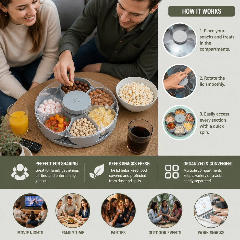 Rotating Snack Tray with Compartments – Spinning Serving Plate for Snacks & Candy