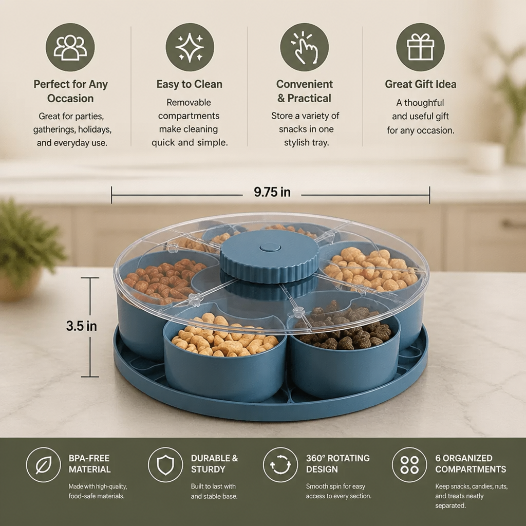 Rotating Snack Tray with Compartments – Spinning Serving Plate for Snacks & Candy