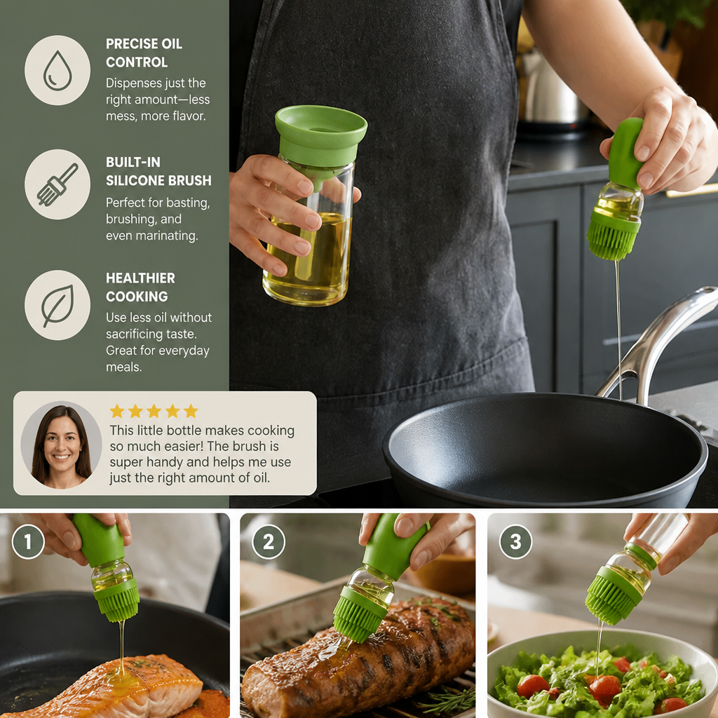 Oil Dispenser with Silicone Brush – Precision Bottle for Cooking, Grilling & Baking