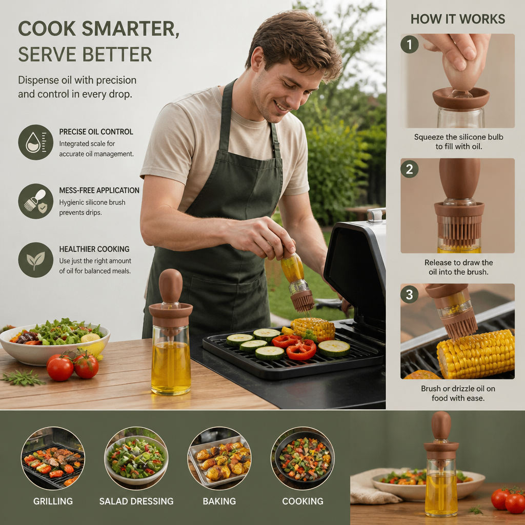 Oil Dispenser with Silicone Brush – Precision Bottle for Cooking, Grilling & Baking