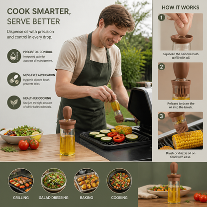 Oil Dispenser with Silicone Brush – Precision Bottle for Cooking, Grilling & Baking
