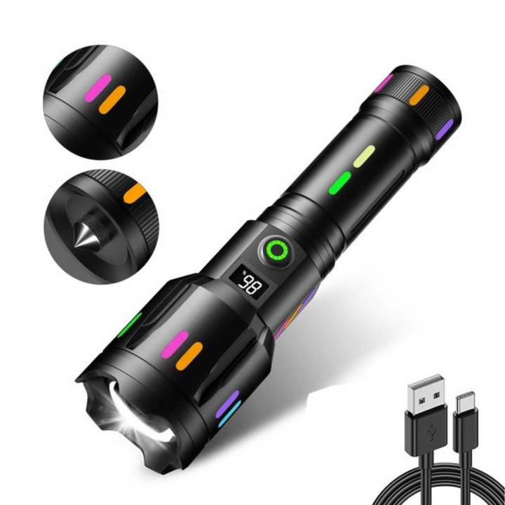 LED Torch with Power Display - Rechargeable High - Performance Torch with Glass Breaker & Usb - C