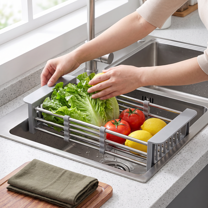 Adjustable Over-the-Sink Dish Drying Rack & Produce Drainer