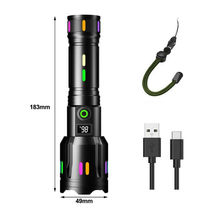 LED Torch with Power Display - Rechargeable High - Performance Torch with Glass Breaker & Usb - C