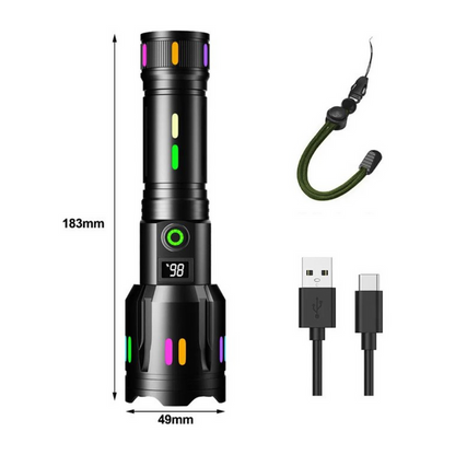 LED Torch with Power Display - Rechargeable High - Performance Torch with Glass Breaker & Usb - C