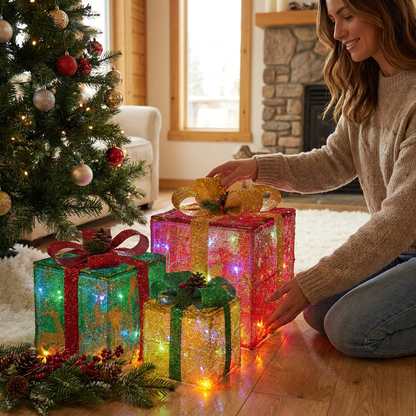 LED Light-Up Christmas Gift Box Decoration Set of 3
