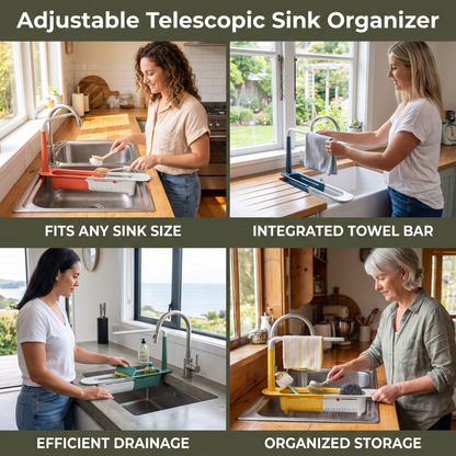 Adjustable Telescopic Sink Organizer with Drainage Basket & Towel Bar