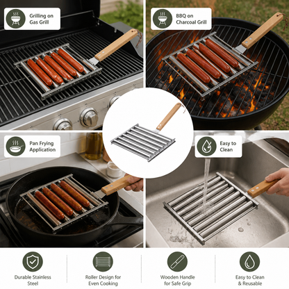 Stainless Steel Sausage Rack – Rollable Grill Holder for Hot Dogs & Sausages