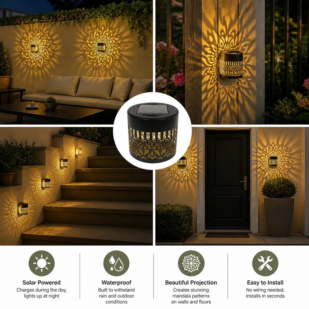 Colorful Solar Mandala Garden Light – Waterproof Outdoor LED Wall Projection Lantern