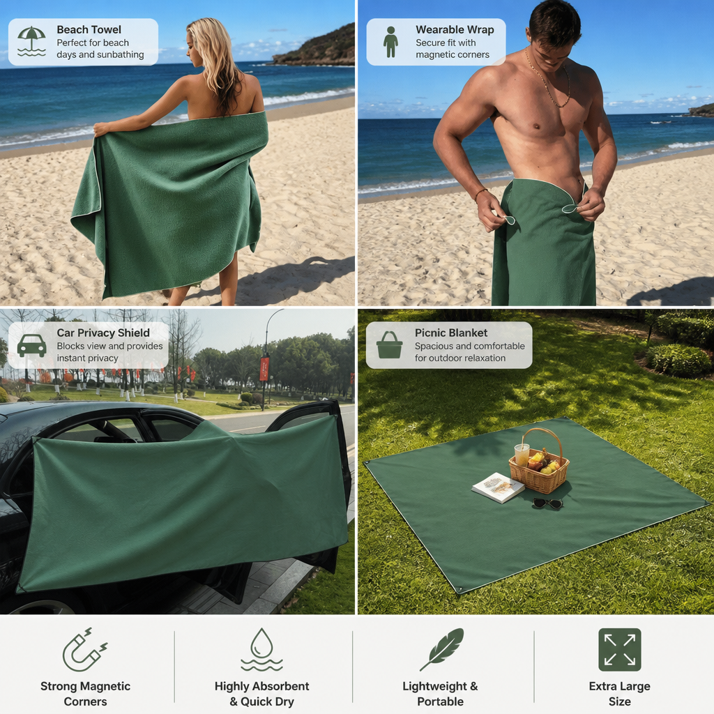 Extra Large Magnetic Bath Towel, Quick-Drying Beach Towel, Portable Outdoor Swimming Towel with Strong Water Absorption