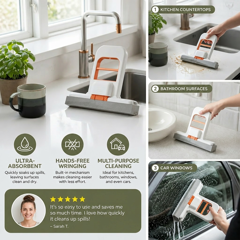 Hands-Free Mini Sponge Mop – Ultra-Absorbent All-Purpose Cleaning Mop for Kitchen, Bathroom & Car