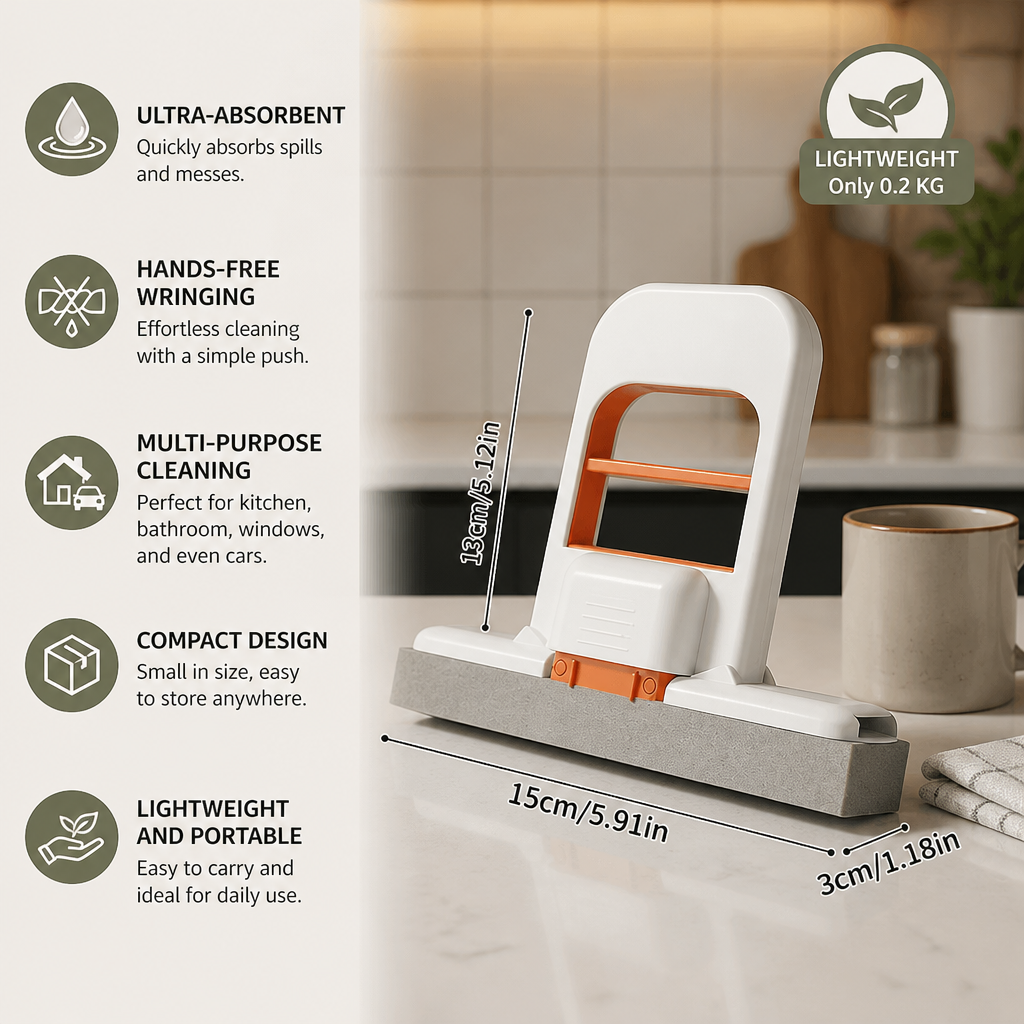 Hands-Free Mini Sponge Mop – Ultra-Absorbent All-Purpose Cleaning Mop for Kitchen, Bathroom & Car
