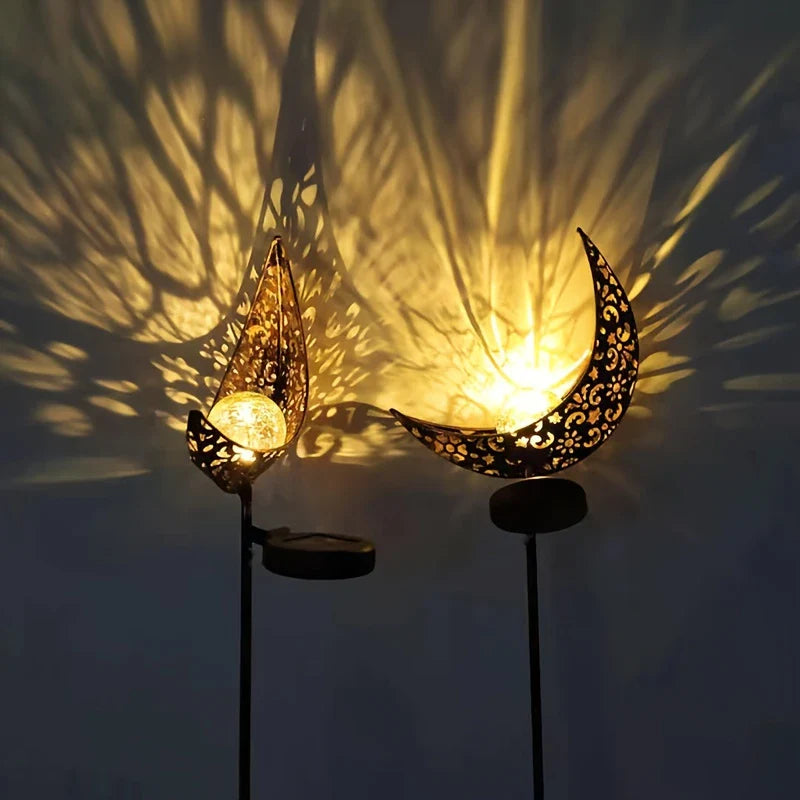 Metal Solar Garden Light - Waterproof Led Design in Moon , Flame , Sun or Star Shape