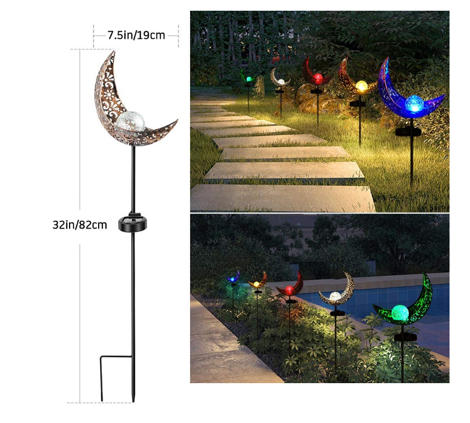 Metal Solar Garden Light - Waterproof Led Design in Moon , Flame , Sun or Star Shape