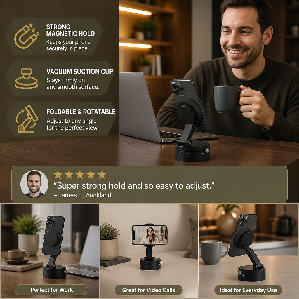 Magnetic Phone Holder with Vacuum Suction Cup – Foldable & Double-Sided, Universal for All Smartphones