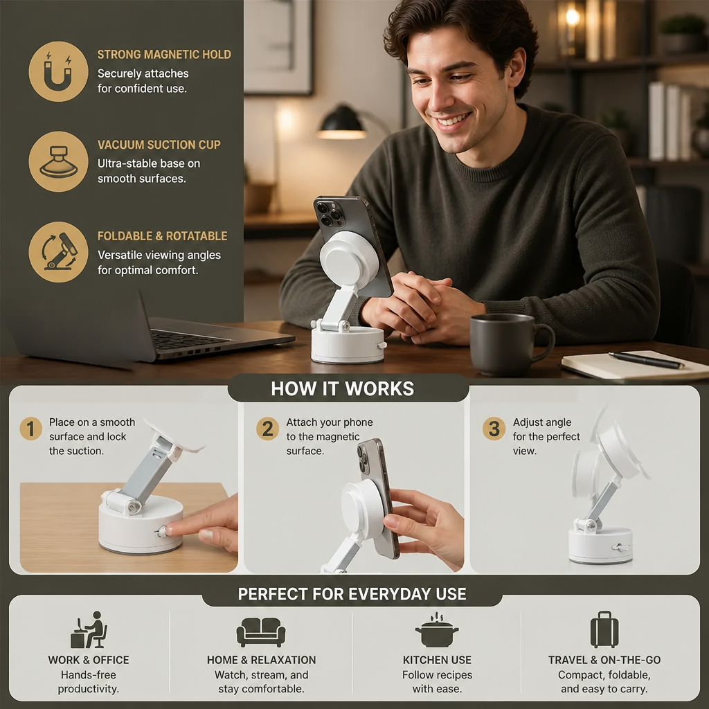 Magnetic Phone Holder with Vacuum Suction Cup – Foldable & Double-Sided, Universal for All Smartphones